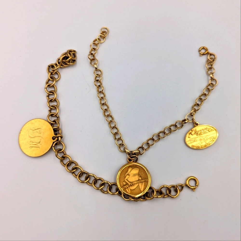 Two Gold Filled Charm Bracelets With 3 Charms Vintage Spring Ring Clasps